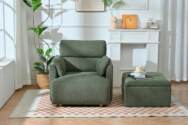 English Elm Oversized Storage Ottoman Accent Chair with Deep Wide Seat, Mid-Century Upholstered Lounge Sofa for Cozy Reading and Relaxation Dark Green W1028S00045