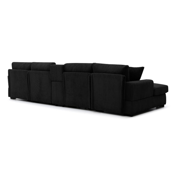 English Elm U Shaped Oversized Sectional Sofa with Double Chaise Console Cup Holders and Usb Port Black W1117S00326