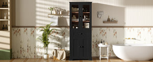 English Elm 67.2" Tall Bathroom Storage Cabinet with Tempered Glass Doors, Adjustable Shelves, Soft-Close Hinges and Anti-Tip Safety Black N729P310006B