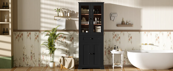 English Elm 67.2" Tall Bathroom Storage Cabinet with Tempered Glass Doors, Adjustable Shelves, Soft-Close Hinges and Anti-Tip Safety Black N729P310006B