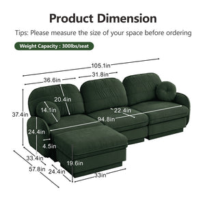 English Elm 105" Chenille Sectional Sofa with Movable Ottoman Deep Seat Quilted Cushions Living Room Green W714S01769