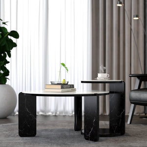 English Elm Set of 2 Round Sintered Stone Nesting Tables Sleek Modern Accent for Living Rooms W2899P405896