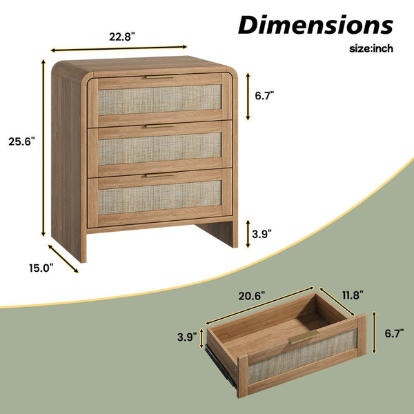 English Elm Rattan Drawer Nightstand Set with Built-in Charging Station and Open Shelf Bedroom Storage Caramel W1820P414049