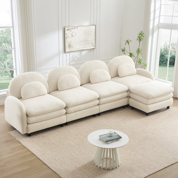 English Elm Teddy Fleece Curved Modular Sectional Sofa with Ottoman Four Seat Cloud Comfort Beige White W5656S00087