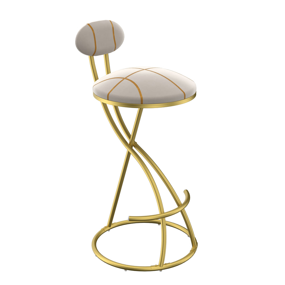 English Elm Round Velvet Counter Stools Set of 2 — Gold Stripe Upholstered Padded Seat with Footrest, 27.95" high W1757P345494