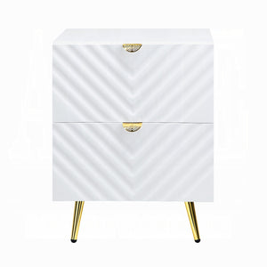 English Elm White White High Gloss 2-Drawer Nightstand with Gold Accents, Diagonal Texture, Glamorous Storage Options B062P189206