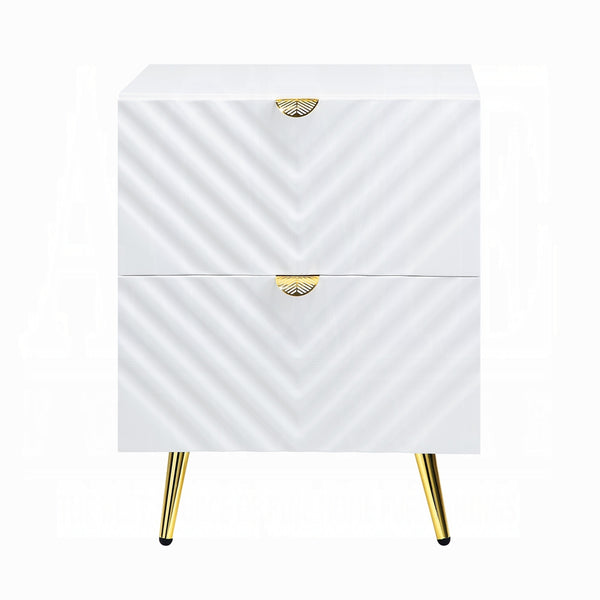 English Elm White White High Gloss 2-Drawer Nightstand with Gold Accents, Diagonal Texture, Glamorous Storage Options B062P189206