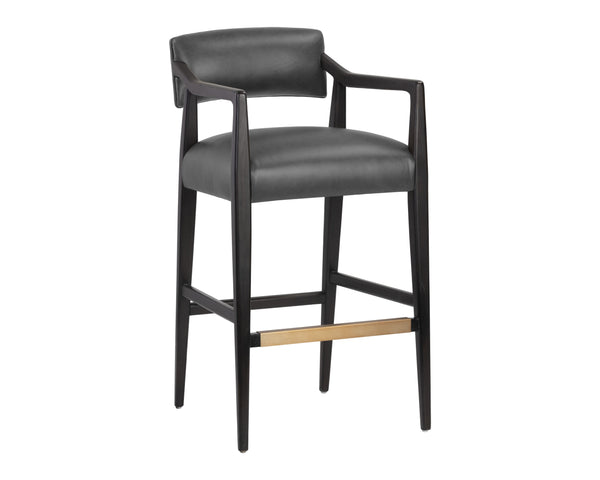 Sunpan Keagan Bar Stool - Mid-Century Design with Dark Brown Oak Frame and Artisan Leather Craftsmanship Brentwood Charcoal Leather