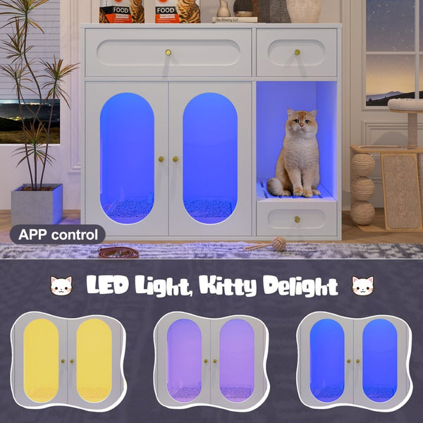 English Elm Cat Litter Box Cabinet with Led Lighting Acrylic Doors and Drawer Storage End Table White N704P402444K