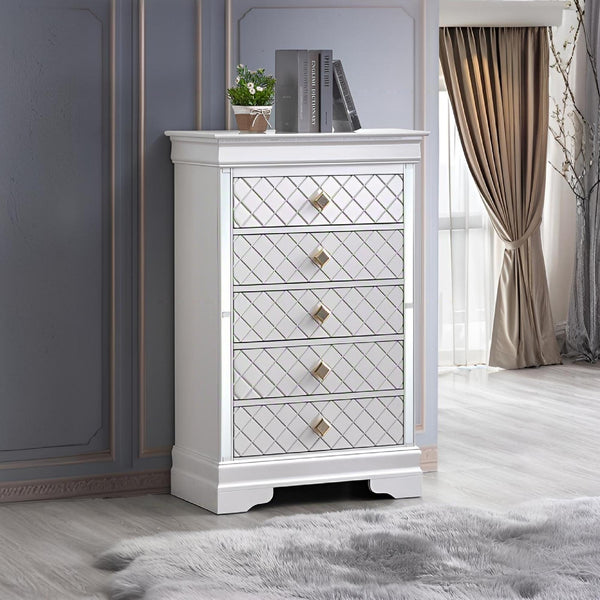 English Elm Verona Pearl White Chest with Dovetail Drawers, Metal Guides, Gold Crystal Handles, Ready-Assembled White 18 L x 33 W x 51 H B078P384068