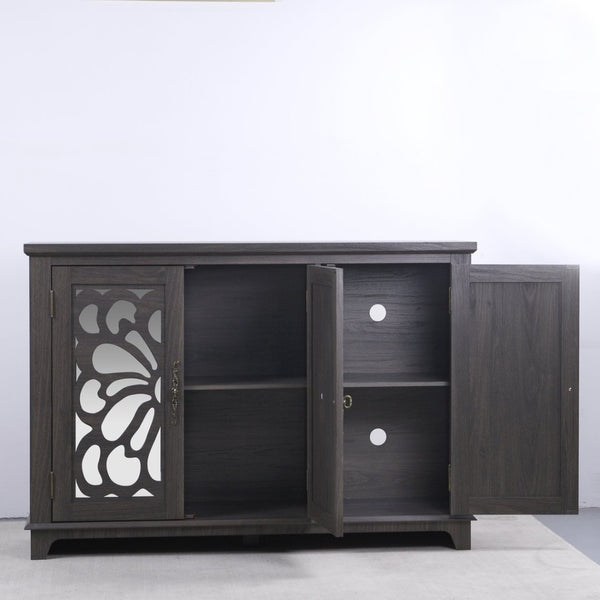English Elm 49.33" Mirrored Lattice Buffet Cabinet with Adjustable Shelves Vintage Wood Grain Sideboard Dark Brown W2899P372741