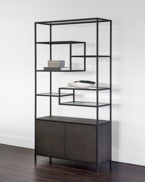 Sunpan STAMOS Bookcase - Modern Industrial Design with Charcoal Grey Oak & Black Iron Frame for Storage 104636