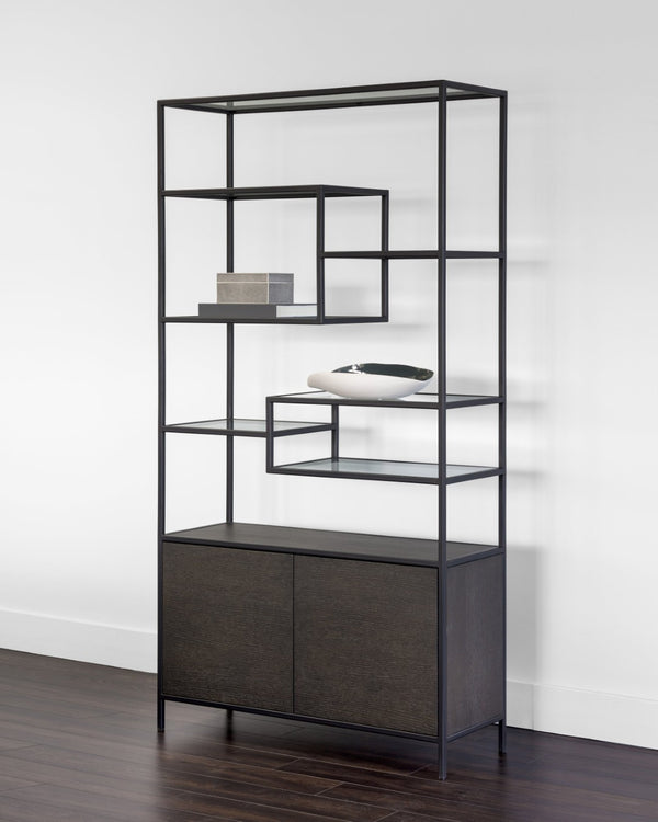Sunpan STAMOS Bookcase - Modern Industrial Design with Charcoal Grey Oak & Black Iron Frame for Storage 104636