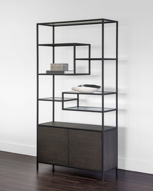 Sunpan Stamos Modern Bookcase with Oak Wood Base, Glass Shelves, and Iron Frame for Stylish Storage Solutions Black / Charcoal Grey