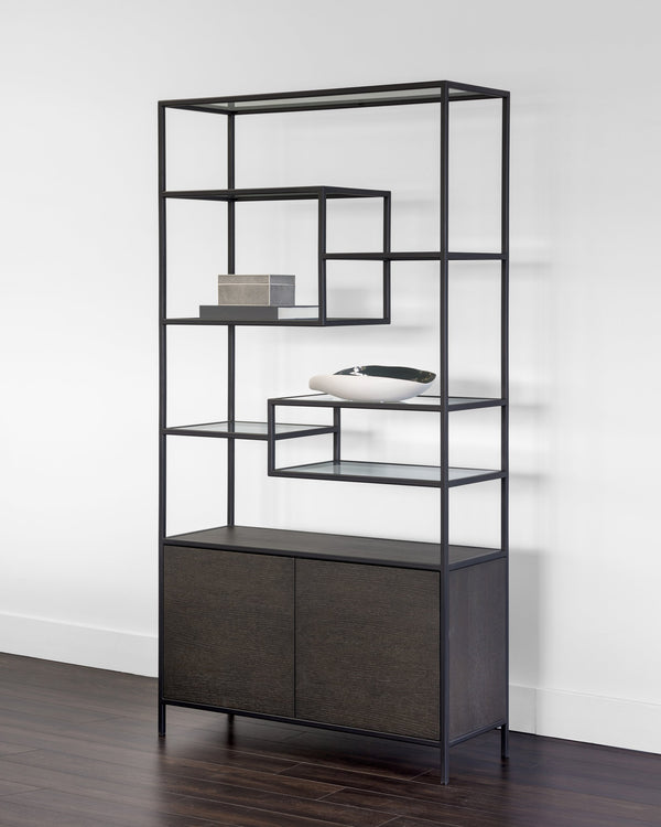 Sunpan Stamos Modern Bookcase with Oak Wood Base, Glass Shelves, and Iron Frame for Stylish Storage Solutions Black / Charcoal Grey