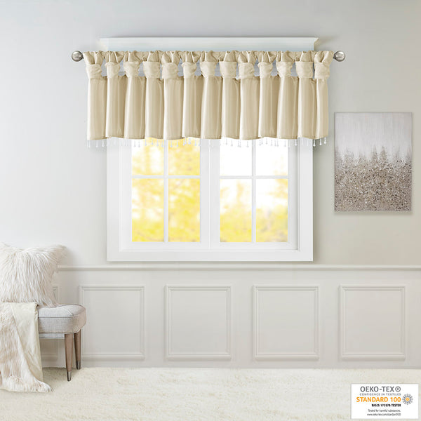 JLA Home Madison Park - Lightweight Faux Silk Valance with Beaded Trim, Lined Twist-Tab Top for Privacy and Elegant Draping Champagne MP41-4454