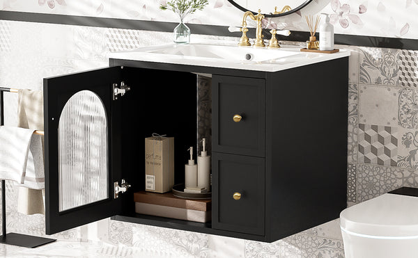 English Elm 24" Modern Wall-Mount Bathroom Vanity with Ceramic Sink, Glass Door Cabinet, 2 Drawers, Soft-Close Black N710P286704B