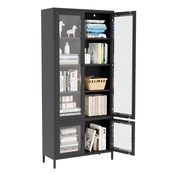 English Elm Large Metal Storage Cabinet with 4 Tempered Glass Doors, 5 Adjustable Shelves, Rust‑Resistant Steel, Black — Stylish Display & Secure Home Office Storage W2378P176271