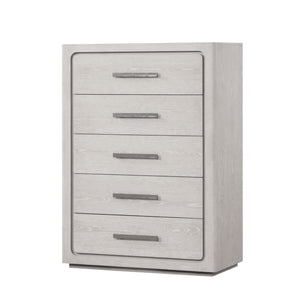 English Elm Unique Contemporary Chest with Cultured Stone Top, Reeded Panels, Silver Accents, Dovetail Drawers and Chrome Legs White Oak 22 L x 41 W x 56 H B2741P370872