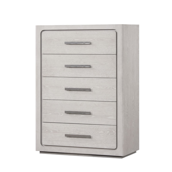English Elm Unique Contemporary Chest with Cultured Stone Top, Reeded Panels, Silver Accents, Dovetail Drawers and Chrome Legs White Oak 22 L x 41 W x 56 H B2741P370872