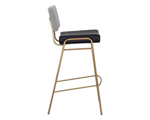 Sunpan Brinley Modern Barstool with Gold Stainless Steel Legs and Chic Black Faux Leather & Grey Fabric Seat Bar Height