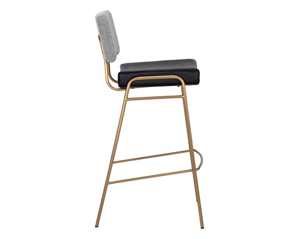 Sunpan Brinley Modern Barstool with Gold Stainless Steel Legs and Chic Black Faux Leather & Grey Fabric Seat Bar Height