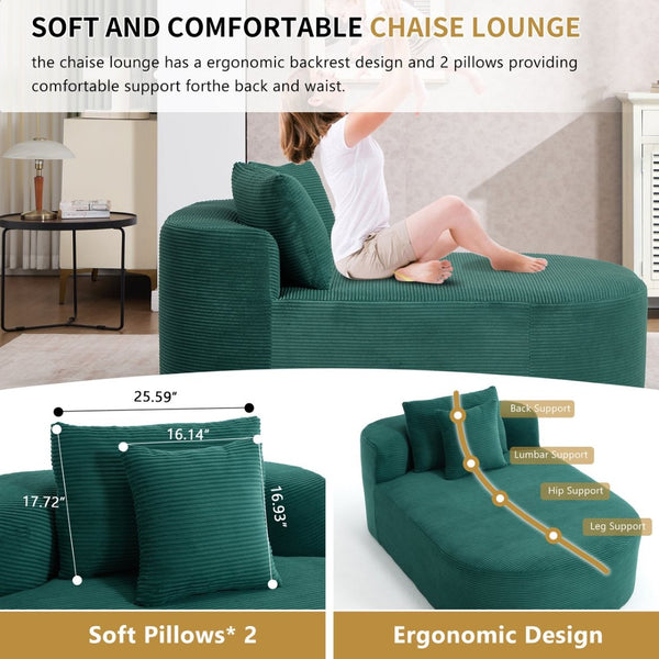English Elm 67.5''chaise Lounge Oversized Corduroy Sleeper Sofa with Deep Seat and Two Pillows Green W1803P409163