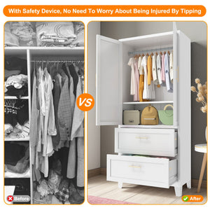 English Elm 71" Tall Metal Wardrobe Cabinet with 2 Drawers, Adjustable Shelf & Hanging Rod — Space-Saving White Closet Organizer W3387P351602