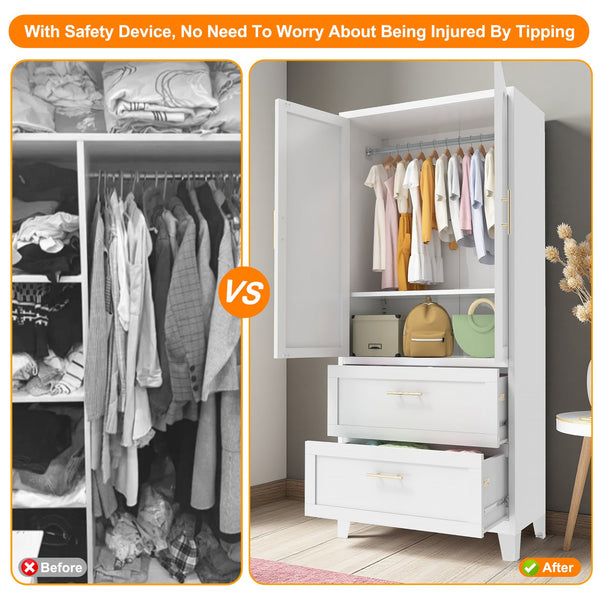 English Elm 71" Tall Metal Wardrobe Cabinet with 2 Drawers, Adjustable Shelf & Hanging Rod — Space-Saving White Closet Organizer W3387P351602