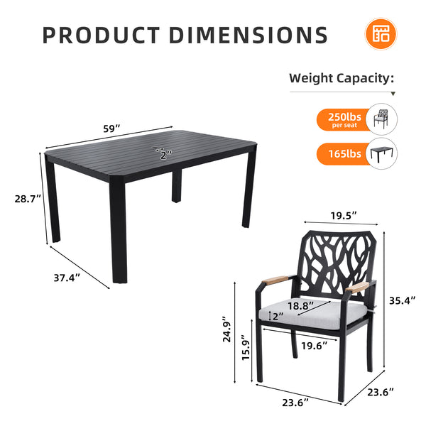 English Elm 5PC Outdoor Patio Aluminum Furniture Set with Sunbrella Cushions, Branch-Back Chairs & Umbrella Hole W1886S00026