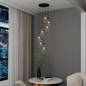 English Elm 7 Modern Raindrop Chandelier with 7 Glass Shades, Adjustable Height Semi-Flush Mount for Dining Room Black W2312P389956