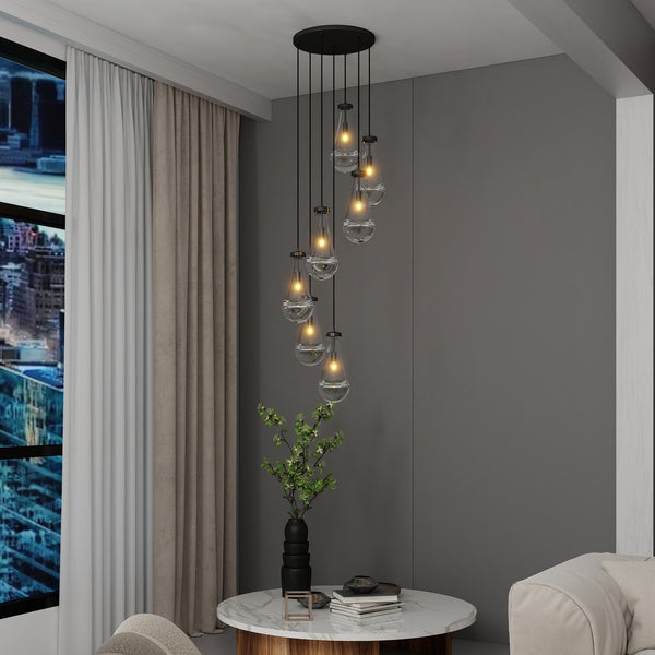 English Elm 7 Modern Raindrop Chandelier with 7 Glass Shades, Adjustable Height Semi-Flush Mount for Dining Room Black W2312P389956