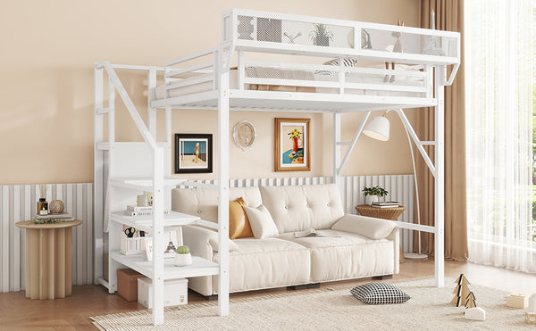 English Elm Twin Twin Size Loft Bed with Stairs and Built-In Shelves, Metal High Loft with Wardrobe for Kids Teens White W2580S00036