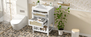 English Elm 24" Rattan Front Bathroom Vanity with Ceramic Sink Deep Drawer Storage Mdf Cabinet White N710P293990K