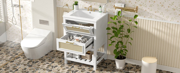 English Elm 24" Rattan Front Bathroom Vanity with Ceramic Sink Deep Drawer Storage Mdf Cabinet White N710P293990K