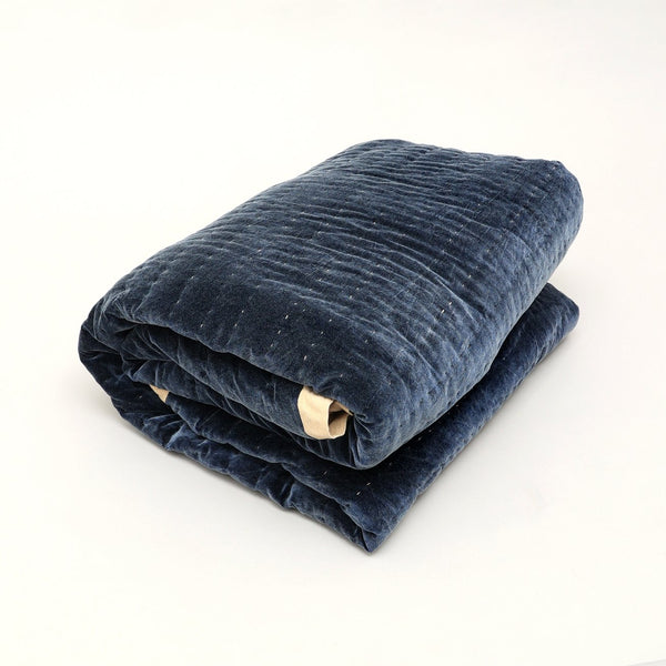 English Elm Cotton Velvet Stonewashed Hand-Quilted Bedspread with Flanged Edges, 88"x92" Queen Size Luxury Indigo B346P321259