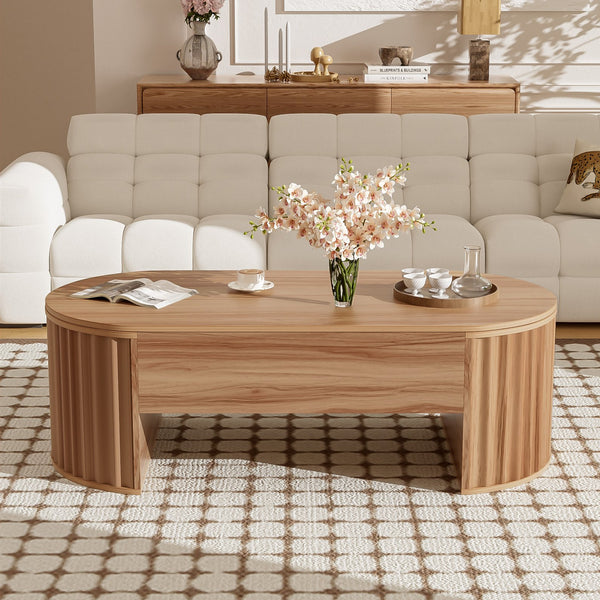 English Elm U-Can Elliptical Lift Top Coffee Table with Hidden Storage, Hydraulic Lift, Wood-Grain Modern Design Light Brown N724P308481W