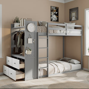 English Elm Twin Bunk Bed with Storage Drawers Hanging Rail Led Shelves and Pegboard Organizer Gray LT000282AAE