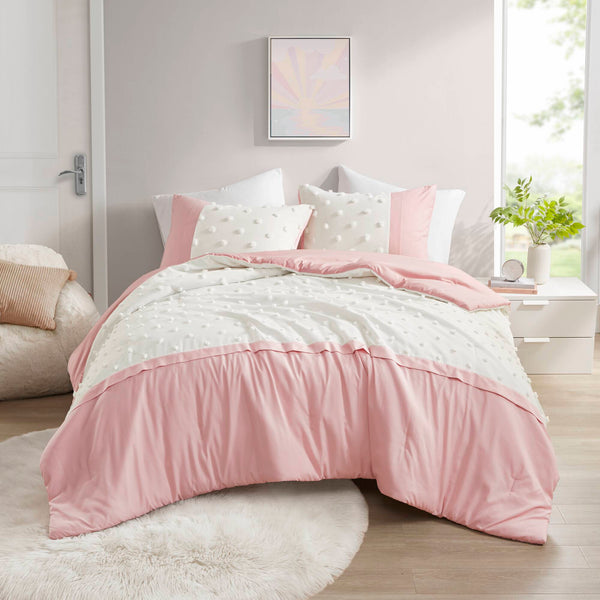 English Elm 3 Pcs King/Cal King Modern Colorblock Jacquard Comforter Set In Pink - Soft, Stylish & Easy Care B035P319870