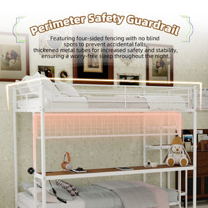 English Elm Full Over Twin Metal Bunk Bed with Desk Led Strip Shelves for Teen Dorm Rooms Ancient White W1935S00010