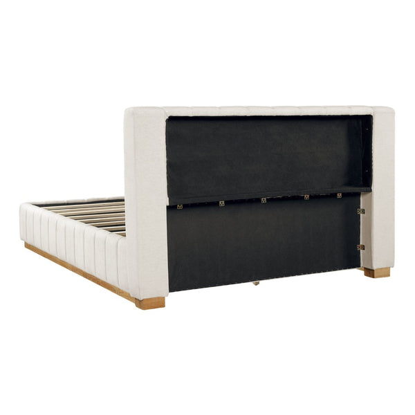 English Elm Modern, Beige Upholstered King Platform Bed Quilted Fabric Headboard Rubberwood Frame N769K360701A