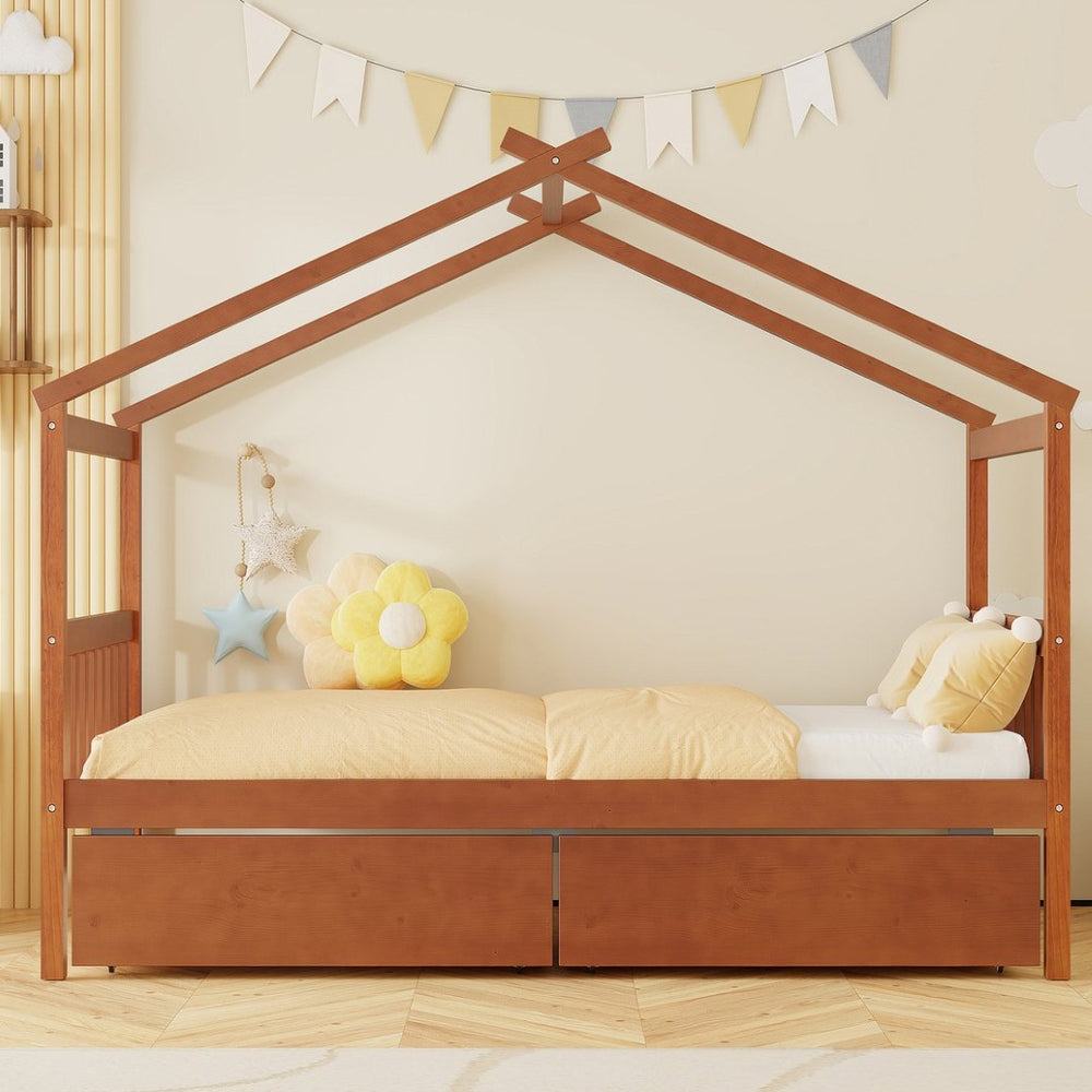 English Elm Twin House Bed Solid Pine Kids Cottage Frame with Storage Drawers Imaginative Room Walnut N708P309245L