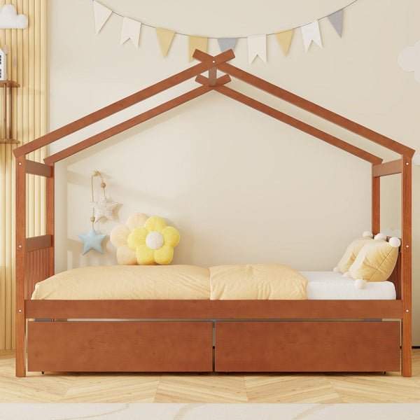 English Elm Twin House Bed Solid Pine Kids Cottage Frame with Storage Drawers Imaginative Room Walnut N708P309245L