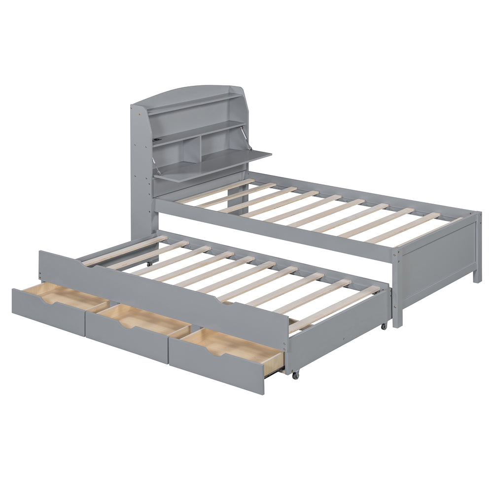 English Elm Twin LED Platform Bed with Trundle and Under-Storage Drawers, Flip-Up Headboard, USB Ports Gray N820S10008E