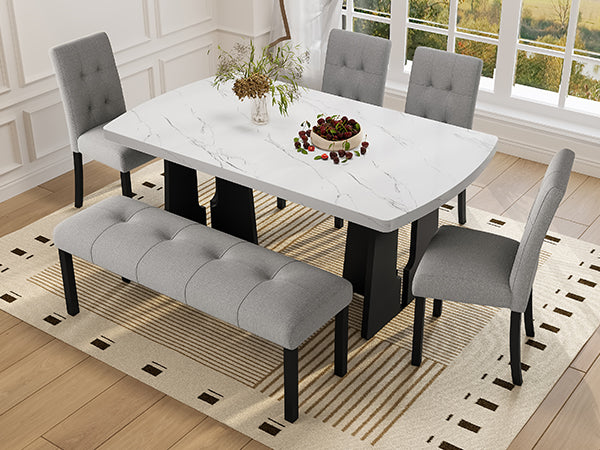 English Elm 6 Piece Dining Set with Rectangular Solid Wood Table, Upholstered Chairs & Bench, Rustic Charm, Easy Assembly, Seats 6 Gray,White N752S000011E