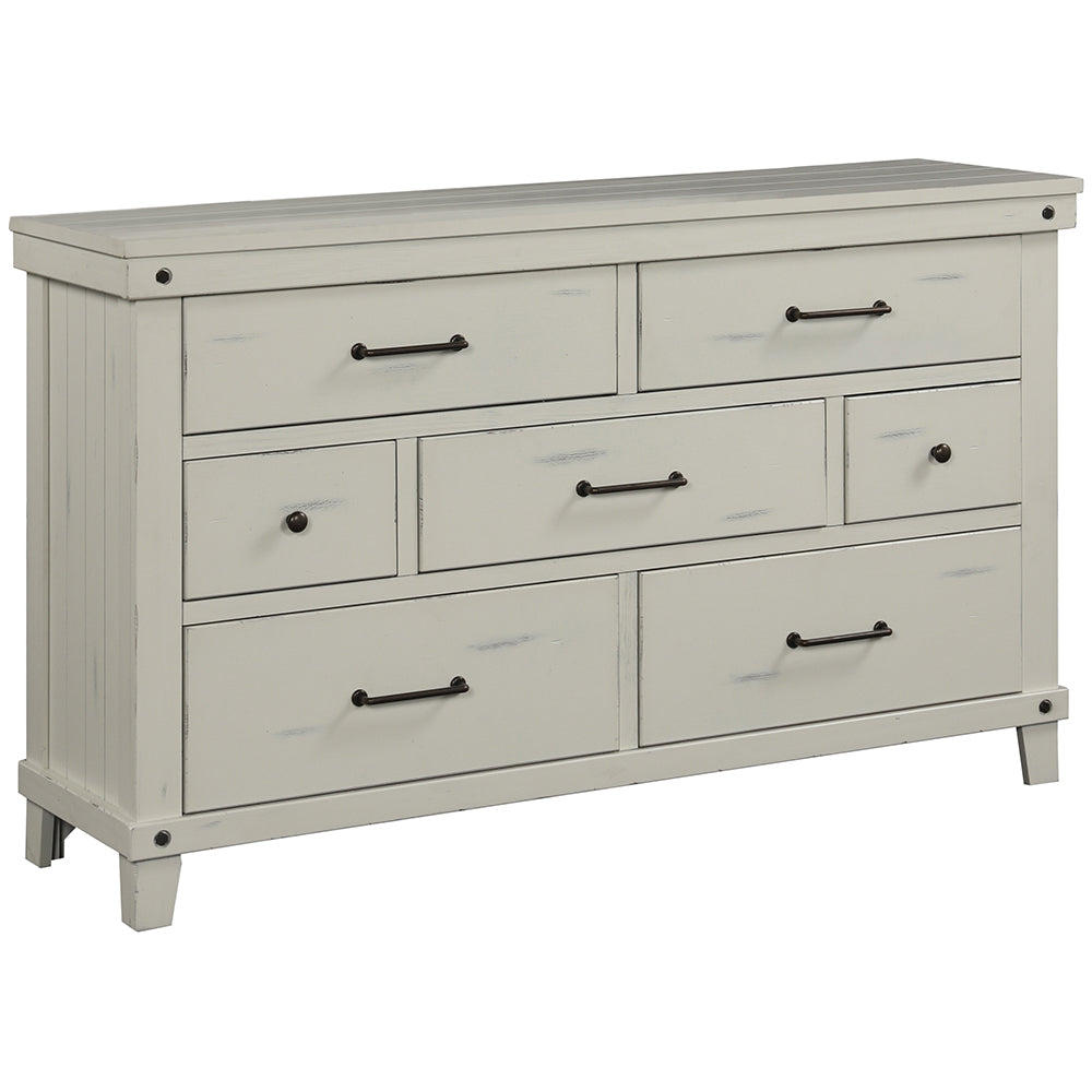 English Elm 7 7 Drawer Dresser White Solid Wood with Birch Veneer, 7 Drawers, Burnished Brass Hardware, Distressed Pine B2699P239135