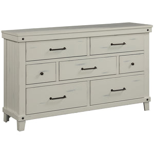 English Elm 7 7 Drawer Dresser White Solid Wood with Birch Veneer, 7 Drawers, Burnished Brass Hardware, Distressed Pine B2699P239135