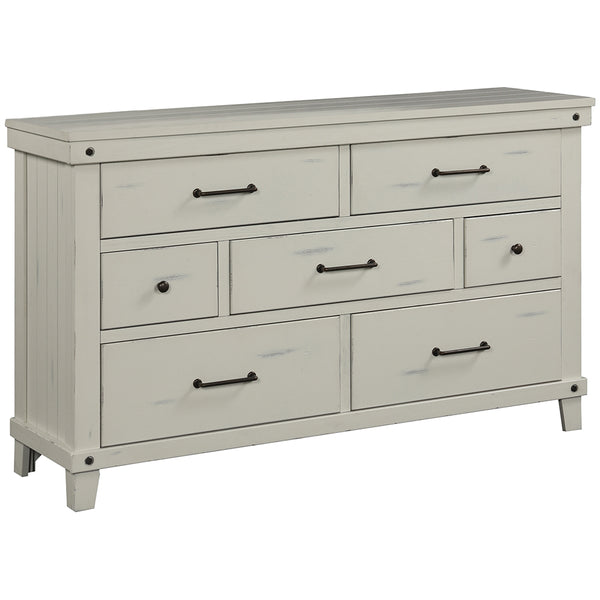 English Elm 7 7 Drawer Dresser White Solid Wood with Birch Veneer, 7 Drawers, Burnished Brass Hardware, Distressed Pine B2699P239135