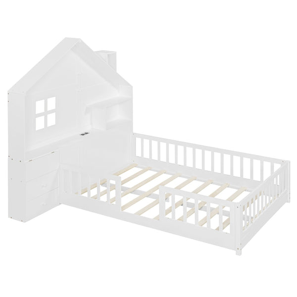 English Elm Full Size House Bed White Wood Frame with Drawers Shelves and Built in Usb Charging LT000423AAK-2