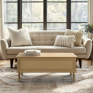 JLA Home 510 Design - Lift-Top Rattan Coffee Table with Soft-Close Lift, Hidden Storage, Mid-Century Wood Legs, Versatile Surface FUR120-0055